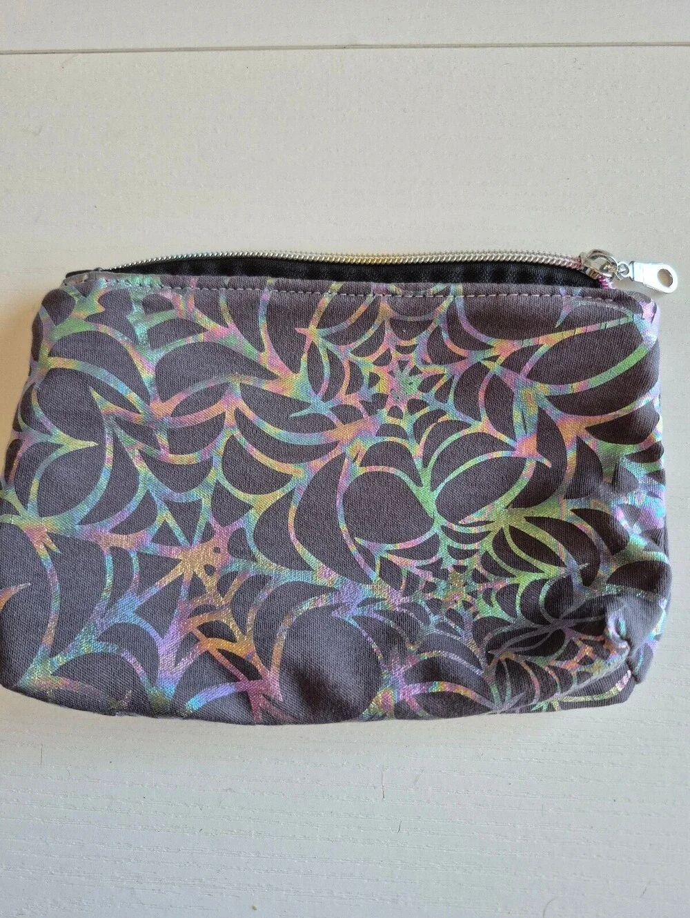 iridescent spider web grey Cosmetic Pouch, whimsical goth bag